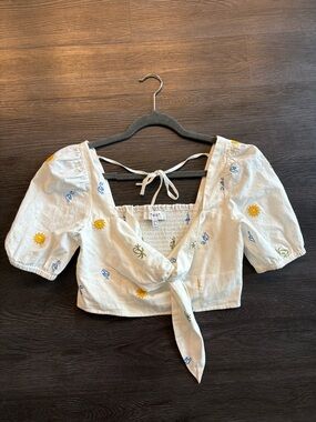 Revolve linen Sun & Wave Embroidered Tie-Front Crop Top